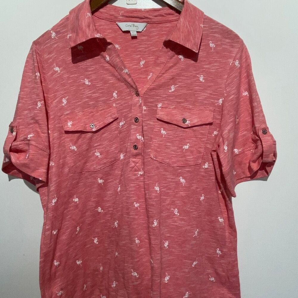 Coral‎ Bay Womens Flamingo Print Henley Top Coral Pink Roll Tab Sleeve Large